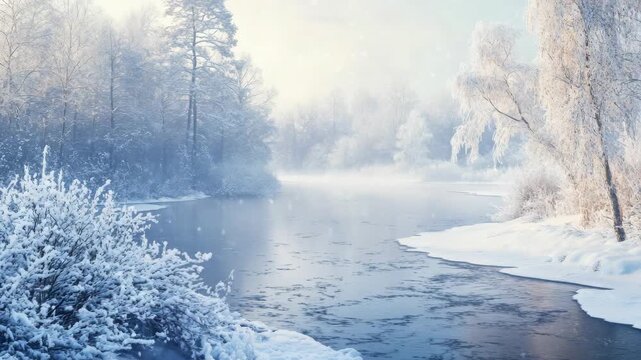 Beautiful winter scene with snow-covered trees and bushes lining the frozen river.