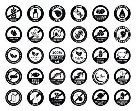 Gluten Lactose Free and Vegetarian Icon Set, Black Food Ingredient and Allergen Warning Symbols