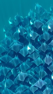 Massive school of mobula rays swimming together in clear blue ocean water