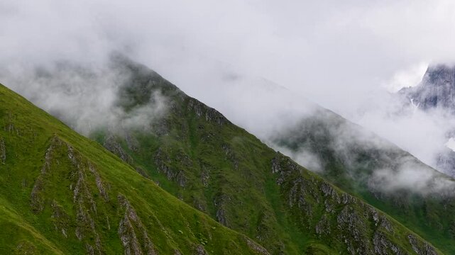Aerial drone view over Juta Valley and Chaukhi pass, Georgia