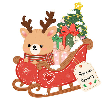 Cute reindeer sitting on a red sleigh filled with gift boxes in pastel watercolor Christmas 