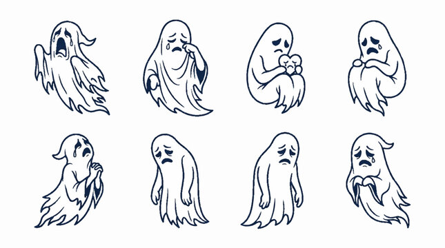 A collection of eight hand drawn sad and crying ghosts in a cartoon style.