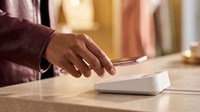 Customer holding a smartphone over a contactless payment terminal to complete a quick financial transaction in a modern retail store