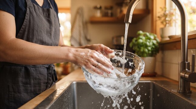 Person Washing Dishes by Hand in Kitchen for Daily Household Cleaning