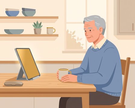 senior man having telehealth video consultation on blank tablet screen flat illustration - ai generated