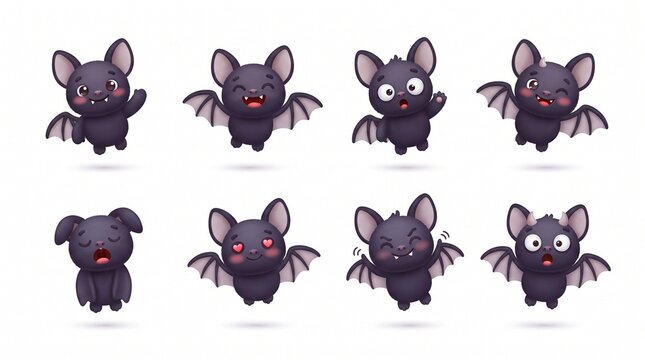 Cute cartoon bat set with various expressions and poses isolated on white background