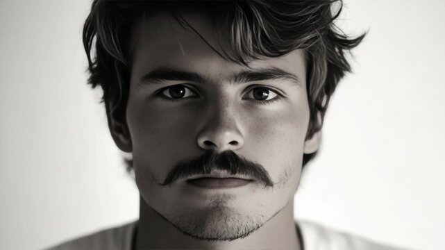 A young man with a beard and mustache gazing thoughtfully to the side.