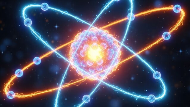 Glowing atomic structure with orbiting electrons in space.