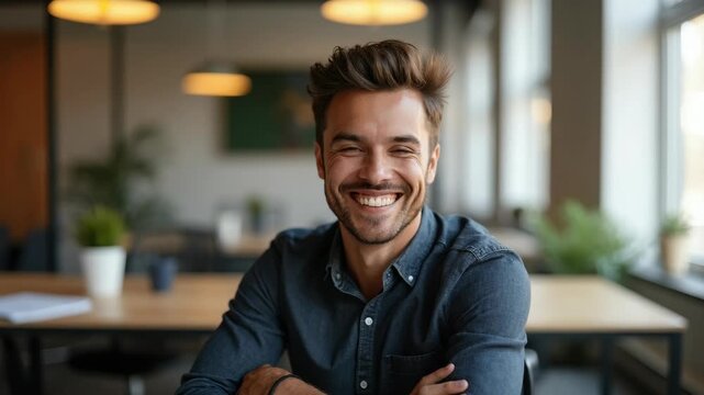 Portrait of a young man sitting in a contemporary office with warm lighting and green plants. Relaxed business environment, creative workspace suitable for teamwork and collaboration.