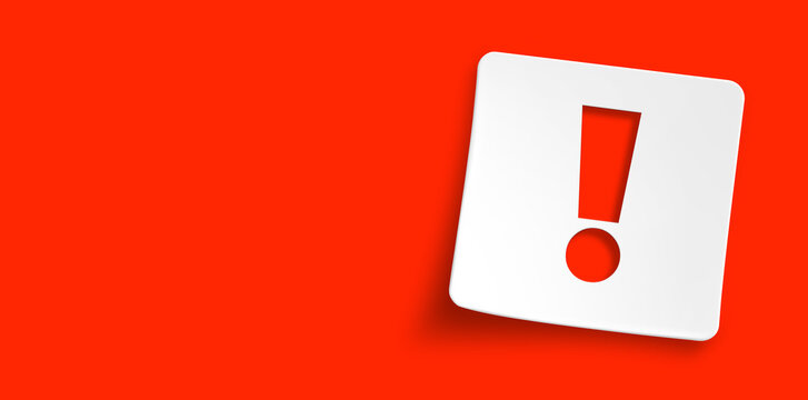 Note paper with exclamation mark warning sign on red background
