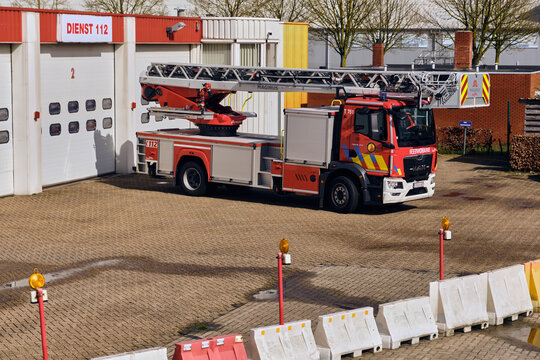 Emergency response and public safety fire truck parked at the fire station in Hoogstraten Belgium ready for action Firefighting preparedness
