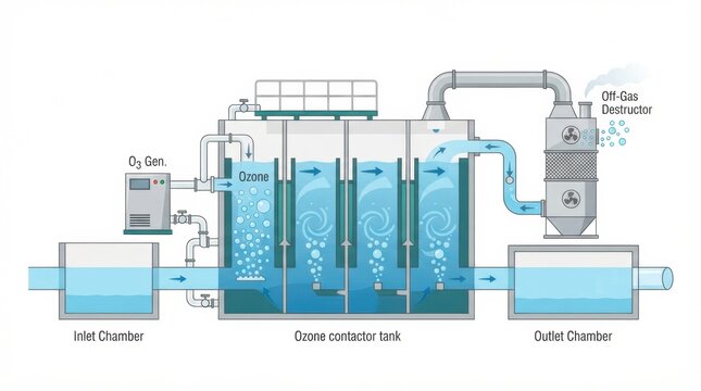 Illustration shows ozone disinfection system in operation at a wastewater treatment plant. It details purification process of sewage water.