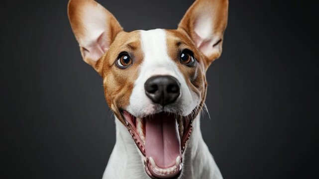 A joyful dog with its mouth wide open, displaying a smile.