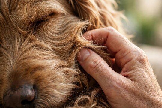 Gentle human hand stroking a golden retriever's soft fur