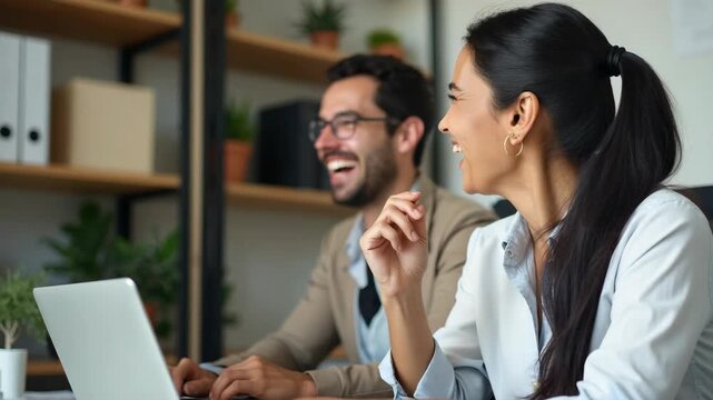 Confident hispanic woman, an amputee business worker, laughing while engaging in a business video call at her office workplace.