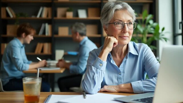 An older woman in a modern workplace setting thoughtfully writing notes while using her laptop, showcasing the valuable contributions of seniors in today's work environment..
