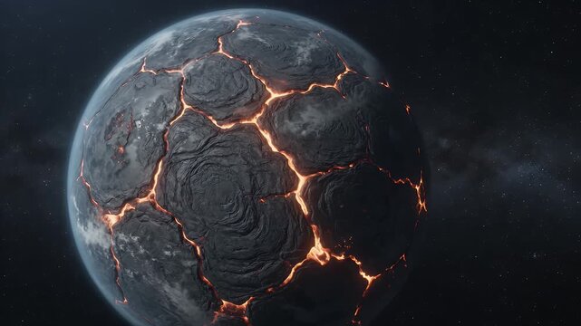 Planet, space and magma with lava fissures for science fiction, astronomy and global catastrophe. Extinction, universe and volcanic activity with heat, apocalyptic world and cosmic energy effects.