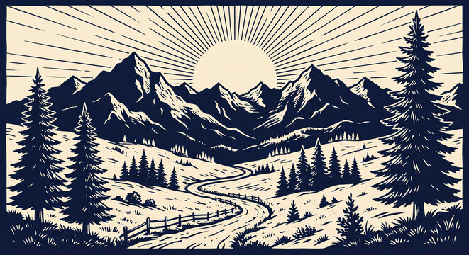 Mountainous landscape illustration features a winding road and radiant sunburst