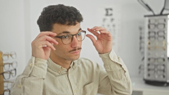 Man tries on round eyeglasses while adjusting frames at an optician shop with eye chart and frame displays; contentment.