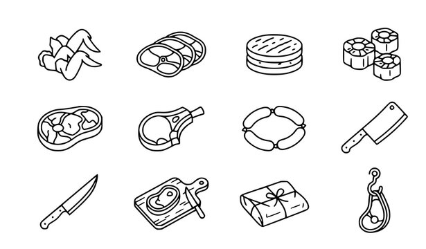 Butcher shop meat linear icon set with chicken wings ham burger patties and oxtail