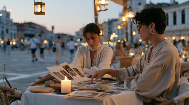 At twilight a tarot reader sits at an outdoor table beneath hanging lanterns at the edge of a quiet square, wide establishing shot capturing the blue hour street, scattered