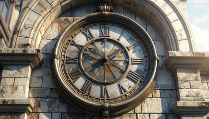 Fototapeta premium Close up of an ornate vintage clock with Roman numerals mounted on a weathered stone architectural facade