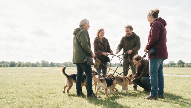 Dog walking group meeting on a wide meadow with their dogs on a bright day