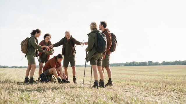 Hiking group taking a break on a field path and sharing fruit with each other