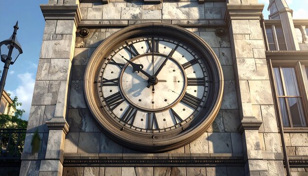 Large vintage clock face with Roman numerals on a classic stone clock tower exterior facade
