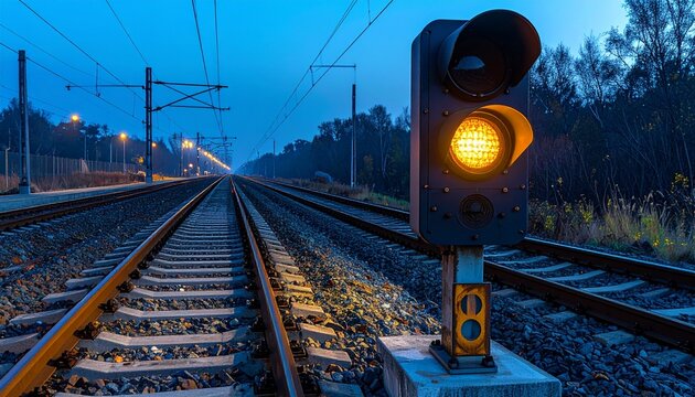 Illuminated Yellow Railway Signal Light Shining Over Parallel Tracks During a Blue Hour Evening Commute Through the Countryside