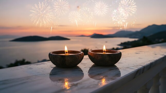 Two traditional oil lamps glowing on a marble balcony overlooking a calm sea at sunset with fireworks in the sky