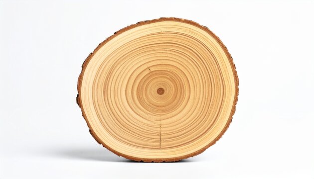 Natural wooden tree slice with organic growth rings pattern isolated on white backdrop