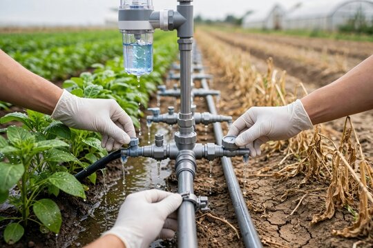 Modern Irrigation System Nurturing Fresh Green Crops in Field