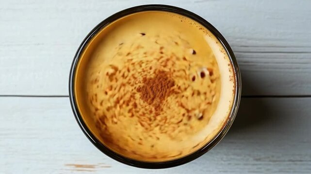 A warm beverage with a dusting of cinnamon on top.