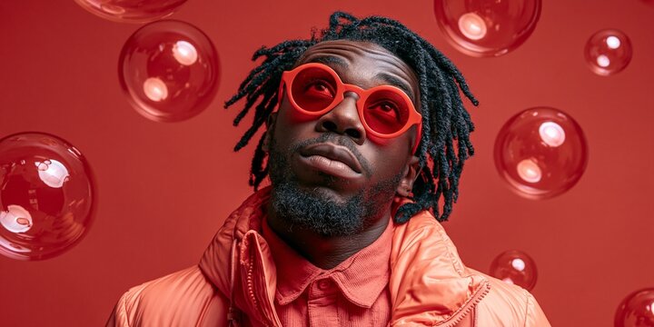 Man in red sunglasses and shiny jacket looks upward, surrounded by floating translucent bubbles; styled portrait with bold monochrome fashion and dramatic lighting