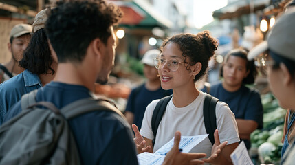 Fototapeta premium Multicultural teen debate club group in vibrant street market discussing printed research cards on weight loss resistance factors, stalls of produce surrounding them, animated