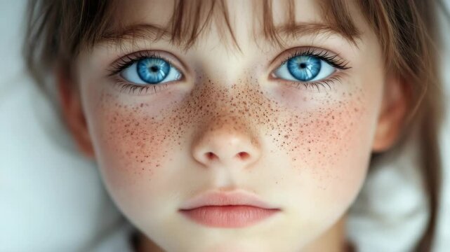 A young girl's face, focusing on her blue eyes and freckled cheeks.
