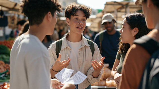 Multicultural teen debate club group in vibrant street market discussing printed research cards on weight loss resistance factors, stalls of produce surrounding them, animated
