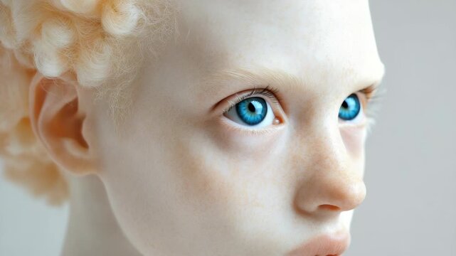 A close-up of a person with pale skin, piercing blue eyes, and an unconventional hairstyle.