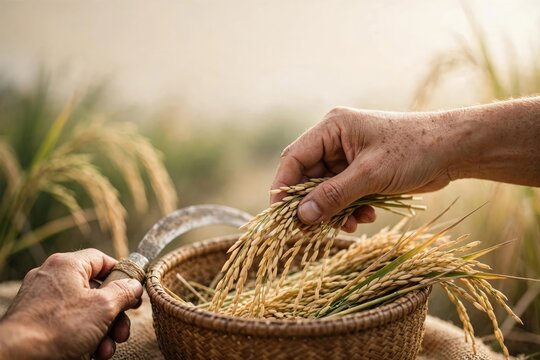 Rustic Hands Gathering Wheat Stalks in Wicker Basket