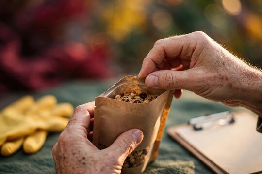 Rustic hands holding gourmet snack mix cup
