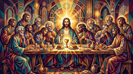 Fototapeta premium religious figure seated at a table sharing a meal with disciples