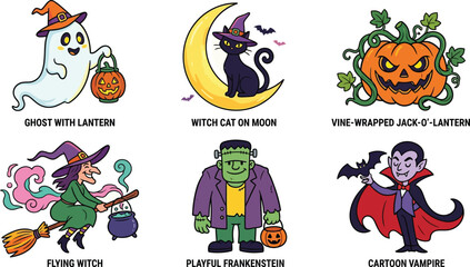 Fototapeta premium Pixel Art Halloween Character Set with Ghost Witch Cat Pumpkin Monster and Vampire