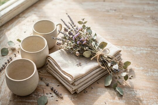 Rustic Still Life with Ceramic Cups and Dried Lavender Bouquet