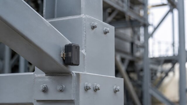 High-Resolution Image of Safety Sensor Attached to Infrastructure Steel Beam for Monitoring and Maintenance in Industrial Settings