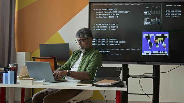 Indian middle aged male teacher sitting at desk, typing on laptop with monitor displaying security code in background. Clip is perfect for cybersecurity, software development, and IT training videos