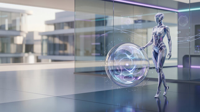 Futuristic humanoid robot interacts with glowing energy sphere in sleek corporate office.