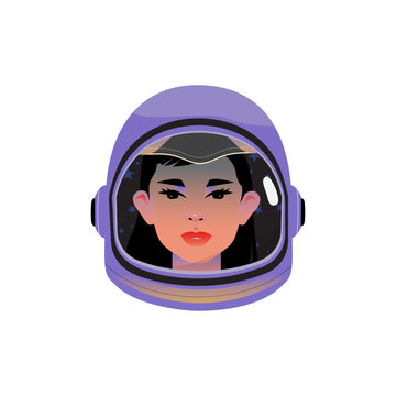 Female astronaut wearing space helmet, colorful vector illustration