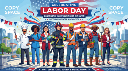 Obraz premium Diverse group of professionals celebrating labor day standing together before a waving national flag banner