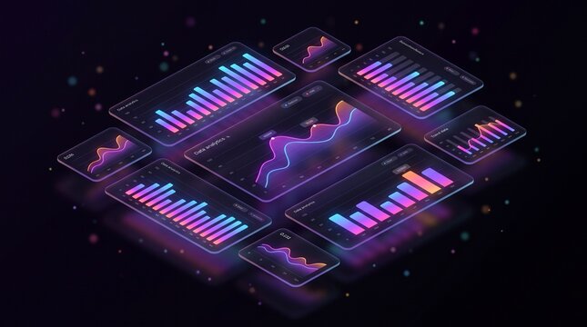 Floating UI dashboard panels with glowing data charts and financial analytics interface